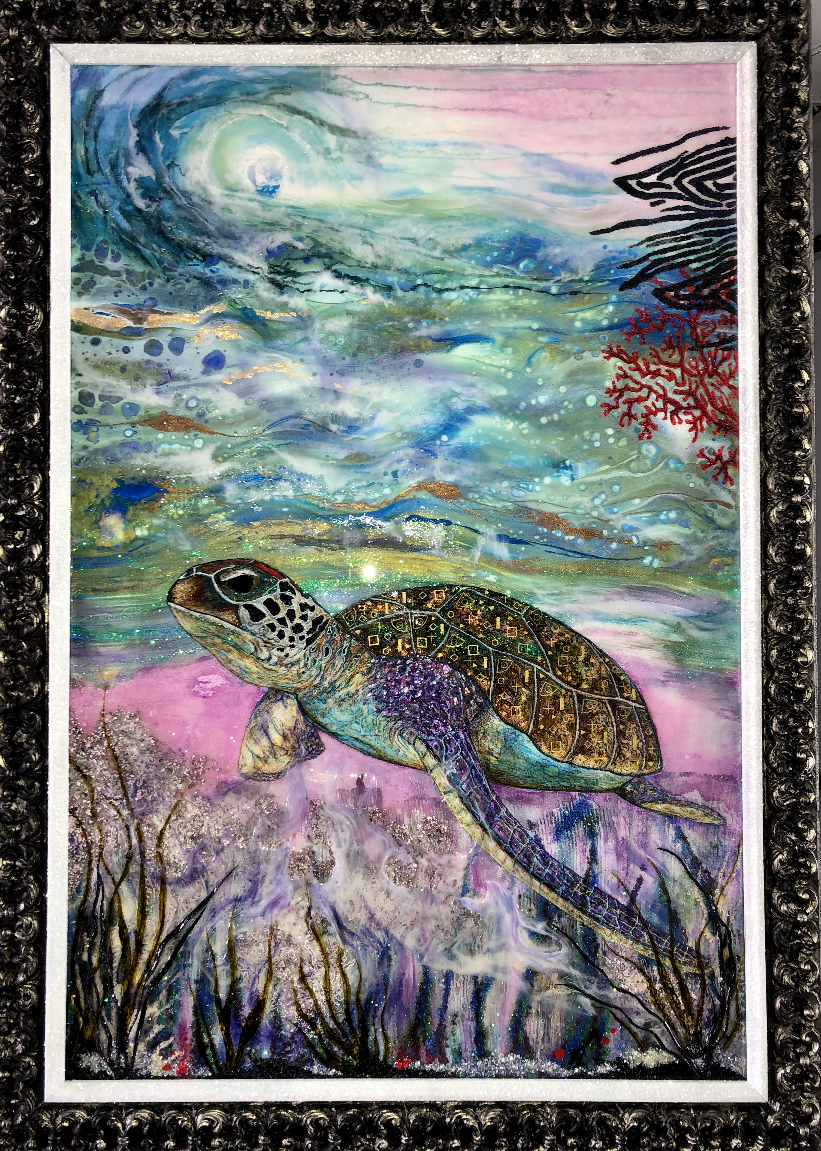 turtle, zebra, ocean, resin, amethyst, glass, red coral, sea grass, mixed media, acrylic painting